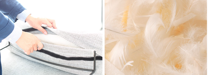 Decibel EX Feather専用ヘッドレストのクッション材には羽毛をたっぷりと使用しています。